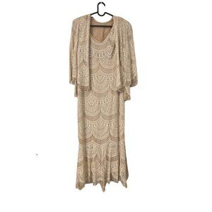 VTG Damianou Gold Glitter Gatsby Evening Gown Flapper Boho Maxi 2 Pc Dress Set M